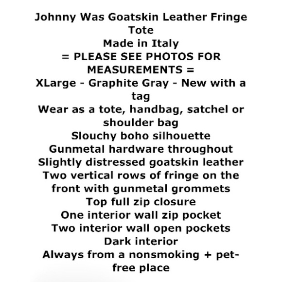 $495 Johnny Was Goatskin Leather Fringe Tote X Large Purse Italy Crossbody NWT - Picture 2 of 12